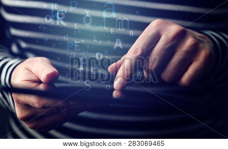 Electronic Communication Concept, Hands Of A Woman Using Tablet Computer To Type An E-mail Letter Or