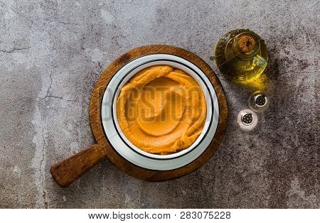 Delicious Vegan Hummus With Sweet Potato And Canned Artichokes. With Black Sesame. Tasty Snack Of Th