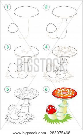 Page Shows How To Learn Step By Step To Draw A Fly Amanita. Developing Children Skills For Drawing A
