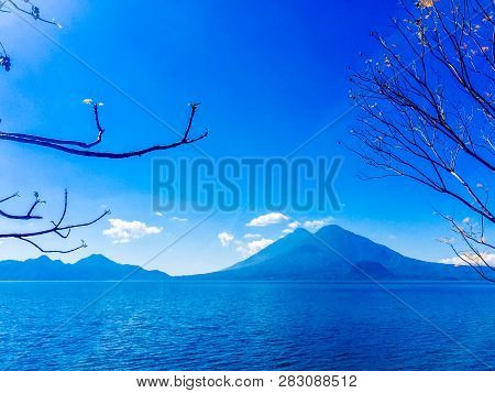 Atitlan & Toliman Volcanoes On Lake Atitlan In Guatemalan Highlands