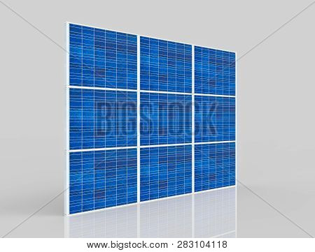 3d Rendering. Perspective View Of  A Slim Blue Solar Cell Panel Plate Wall With Clipping Path On Gra