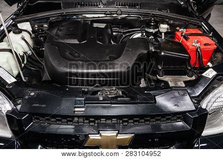 Novosibirsk, Russia - February 08, 2019: Chevrolet Niva, Close-up Of The Engine, Front View. Photogr