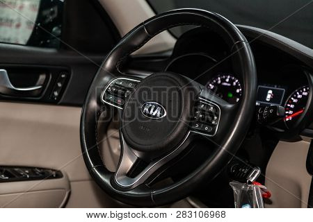 Novosibirsk, Russia - February 08, 2019: Kia Optima, Close-up Of The Dashboard, Speedometer And Tach