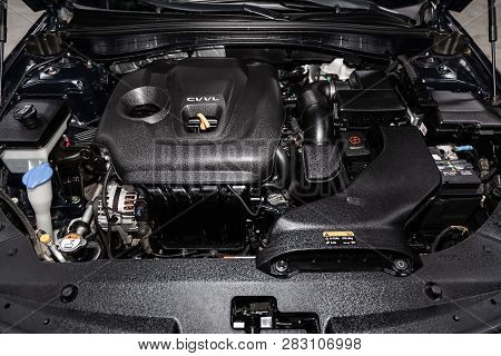 Novosibirsk, Russia - February 08, 2019: Kia Optima, Close-up Of The Engine, Front View. Photography