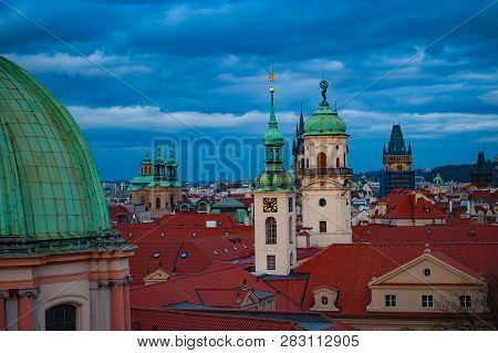 View On The Roofs In Stare Misto. Prague. Sunset