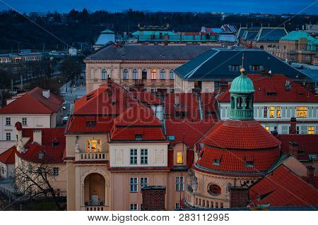 View On The Roofs In Stare Misto. Prague. Sunset