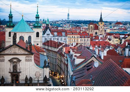 View On The Roofs In Stare Misto. Prague. Sunset