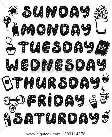 Hand Drawn Vector Weekdays And Elements For Notebook, Diary, Calendar, Schedule, Sticker, Bullet Jou