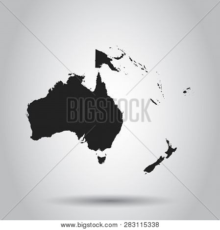 Australia And Oceania Map Icon. Flat Vector Illustration. Australia Sign Symbol With Shadow On White