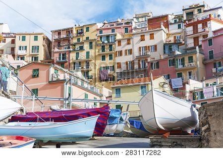 Boats For Rent At Village Riomaggiore In Cinque Terre, Liguria, Italy