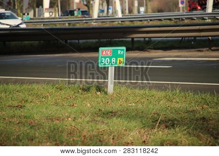 Distance Sign At Motorway A16 At Zwijndrecht In The Netherlands