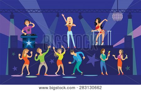 Nightclub Clubbing People With Drinks Dancing Together Vector. Pj And Dj Mixing Music For Visitors, 
