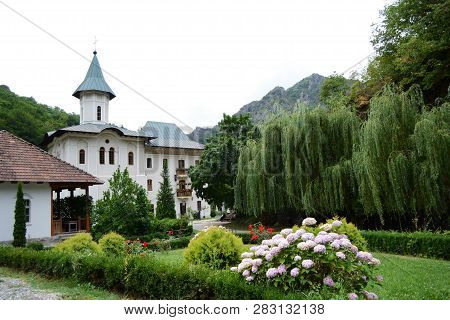 Turnu Monastery From Olt Valley, Cozia Mountains, Romania.