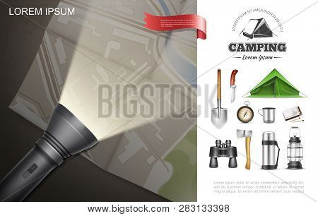 Realistic Outdoor Recreation Elements Concept With Flashlight Lying On Map Shovel Tent Axe Knife Com