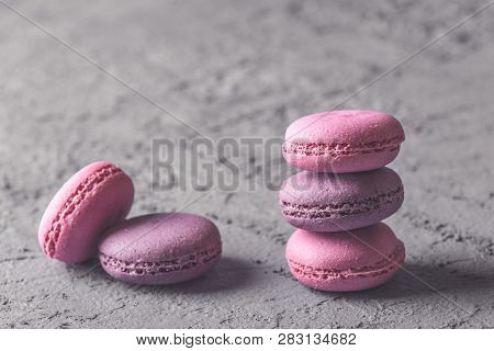 Beautiful Colorful Delicious Desserts Makarons, Stack On Gray Stone Background