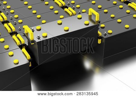 3d Rendering. 24v Battery For Truck On White Background. Commercial Vehicle Accumulator. Black Truck