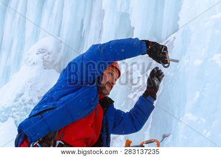Ice Climber Preraring Running Belay, Screwing Ice Screw Into Glacier Wall