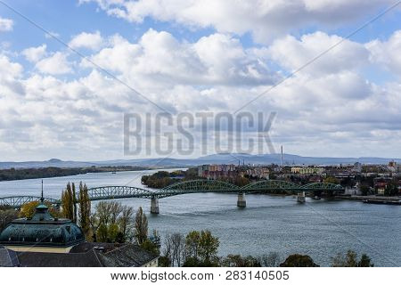 Aerial View Of The Hungarian City Esztergom, Slovakian City Sturovo And Danube River Including Spire