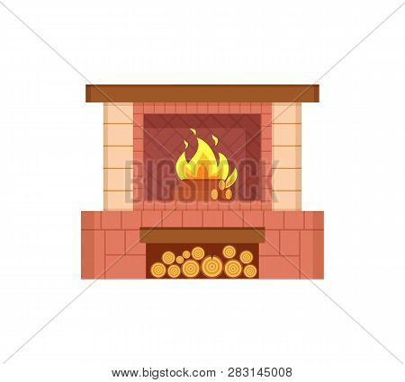 Fireplace With Logs In Special Container Isolated Icon Vector. Fire With Burning Wooden Material, Br
