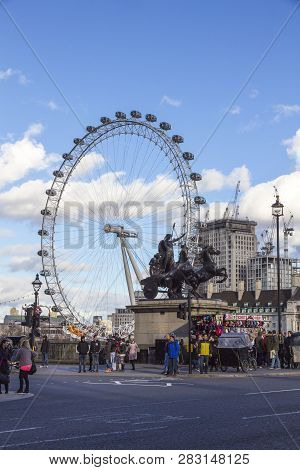 London, England - February 12, 2018. Statue Of Boadicea And Her Daughters Erected June 1902, Westmin