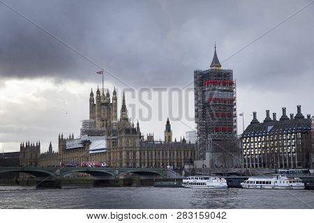 London, England - February 12, 2018. View Of Big Ben And The Houses Of Parliament Under Rennovation,