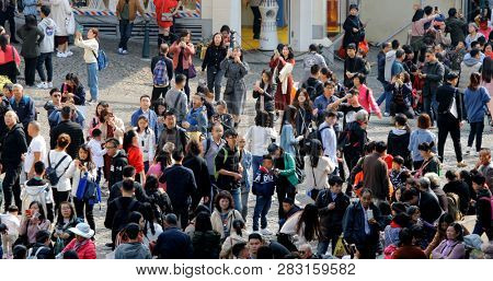 Largo Do Senado, Macau- 22 January 2019: Crowded of Tourist in Ruins of St. Paul's