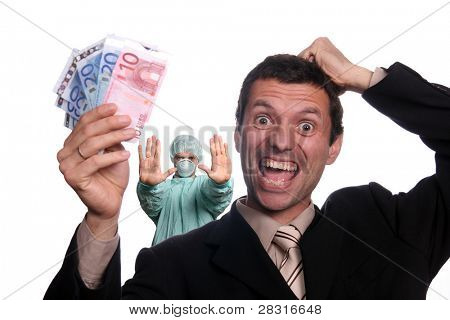 happy crazy businessman with 	 Psychiatrist sign stop