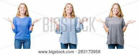 Collage of beautiful blonde woman over white isolated background Smiling showing both hands open palms, presenting and advertising comparison and balance