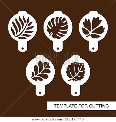 Set Of Coffee Stencils. For Drawing Picture On Cappuccino, Macchiato And Latte. Floral Theme. Silhou
