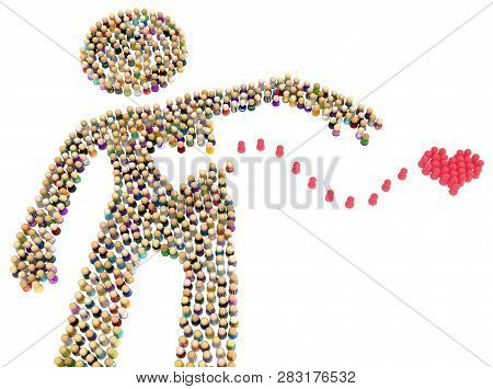 Crowd Of Small Symbolic Figures Forming Big Person Shape With Lost Heart, 3d Illustration, Horizonta