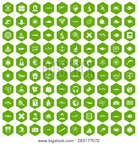 100 Oceanologist Icons Set In Green Hexagon Isolated Illustration