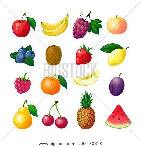 Cartoon Fruits And Berries. Apple Banana Grape Peach Blueberry Kiwi Lemon Strawberry Raspberry Melon