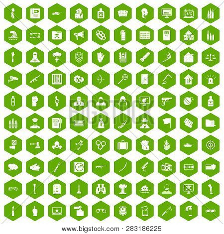 100 Violation Icons Set In Green Hexagon Isolated Illustration