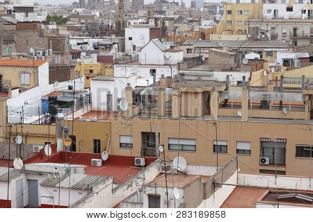 Barcelona, Spain - 21 May 2014: Raval Roofs Aerial View