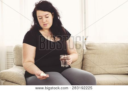 Weight Loss, Therapy, Hypertension, Diabetes, Migraine, Medical Concept. Depressed Desperate Fat Wom