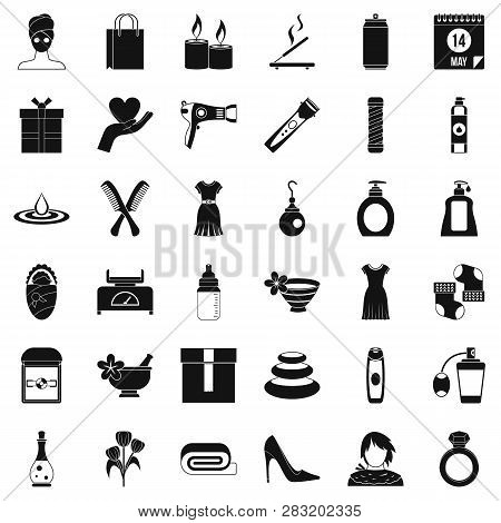 Woman Thing Icons Set. Simple Style Of 36 Woman Thing Icons For Web Isolated On White Background