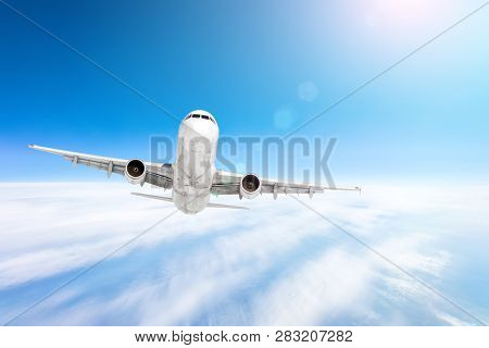 Airplane Mith Motion Blur Effect Travel At Sunny Bright Day.