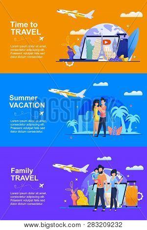 Group People Enjoying Their Holidays Warm Country. Set Banner Illustration Time To Travel Plane Arou