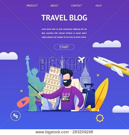 Guy Shoots Video Travel Blog To Another Country. Banner Illustration Bearded Man In Camera, Backgrou