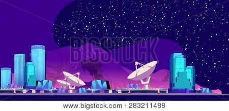 Vector Horizontal Illustration, Coastal City, Resort On The Background Of Mountains And Night Starry