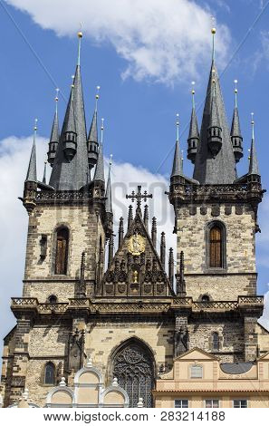 Tyn Church In Prague. Church Of The Virgin Mary In Front Of Tyn On Old Town Square. Architecture Of 