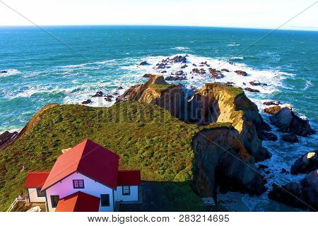 Lighthouse Keepers Cottage On A Lush Grassy Bluff Overlooking The Pacific Ocean Taken From Point Are