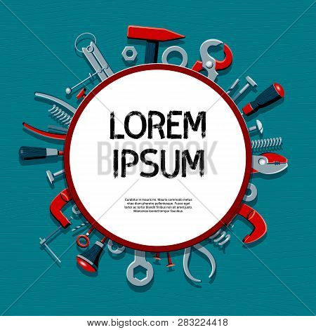 Vector Illustration Of The Contents Of A Builder Toolbox. Household Tools Arranged In A Design Compo