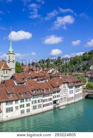 View Of Bern. Aare River. Church Nidde Kirche