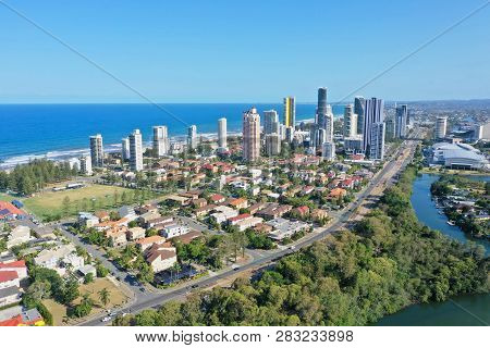 City Of Surfers Paradise Aerial View Of Beach,canals And Buildings