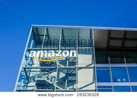 Munich, Germany - December 26, 2018: Amazon Logo At The Company Office Building Located In Munich, G