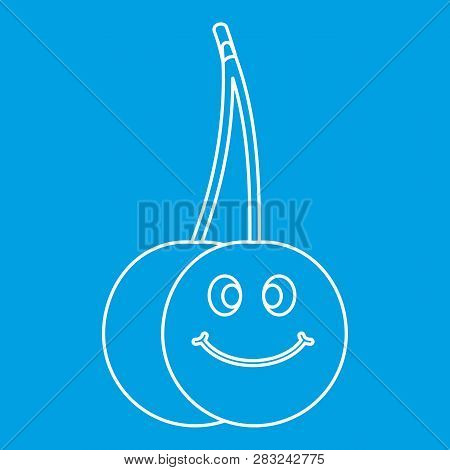 Ripe Smiling Cherry Icon Blue Outline Style Isolated Illustration. Thin Line Sign