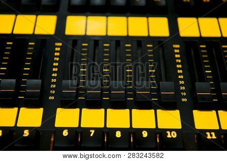 Sound Mixer Control Panel Prodaction, Close Up.