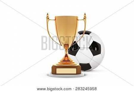 Realistic Golden Trophy Cup With Gold Ball Inside. Winner Cup And Football Ball. Shiny Golden 3d Tro
