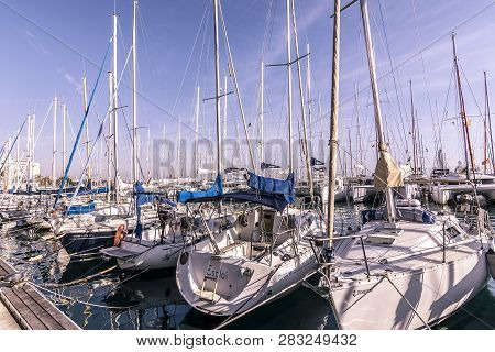Moored Boats Along The Paseo Maritimo On A Sunny Winter Day